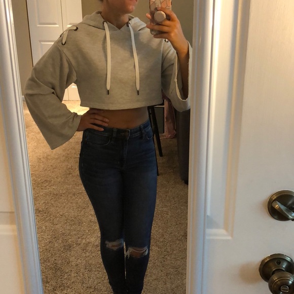 ontwelfth Sweaters - Grey Cropped Hoodie with Bell Sleeves